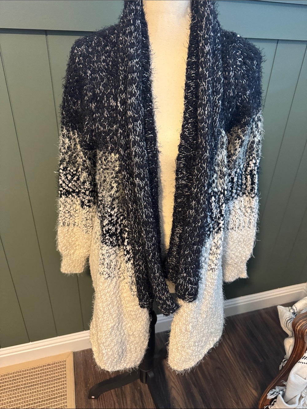 Renee C. Black and Cream Textured Open-Front Cardigan